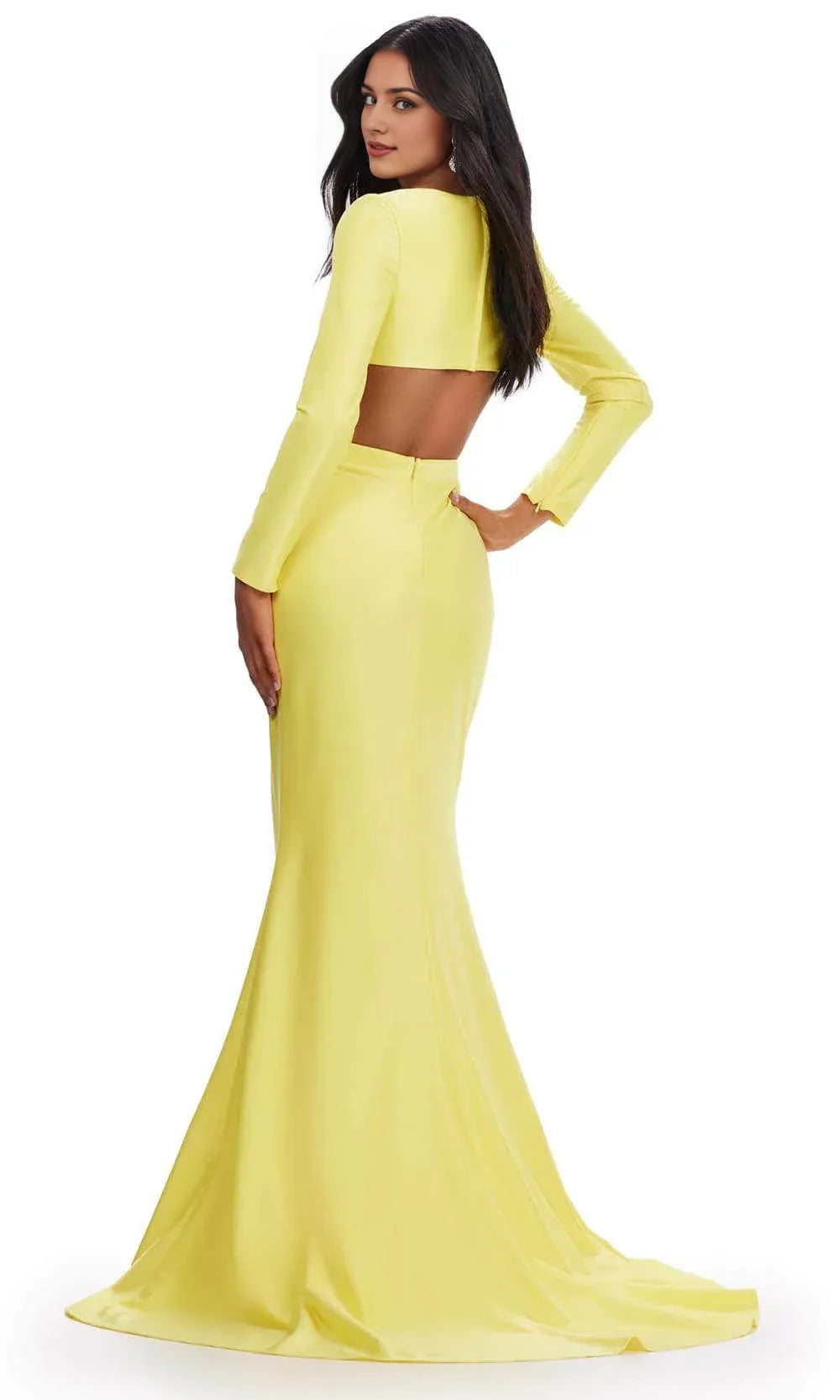 Robe de soirée pour femme, col en V, manches longues, découpe à la taille et fente latérale, robe de bal / Magasins de robes de bal